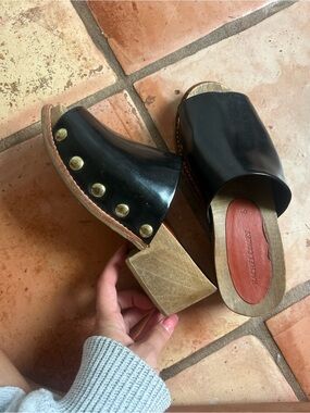 Rachel Comey Black Leather Studded Wooden Block Heel Mules